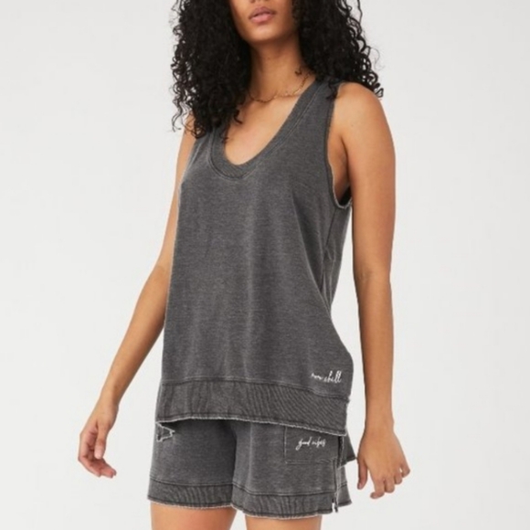 Free People Cozy Girl Tank Top Soft Oversized Deep V Neck Washed Black XS NWT - Picture 12 of 15